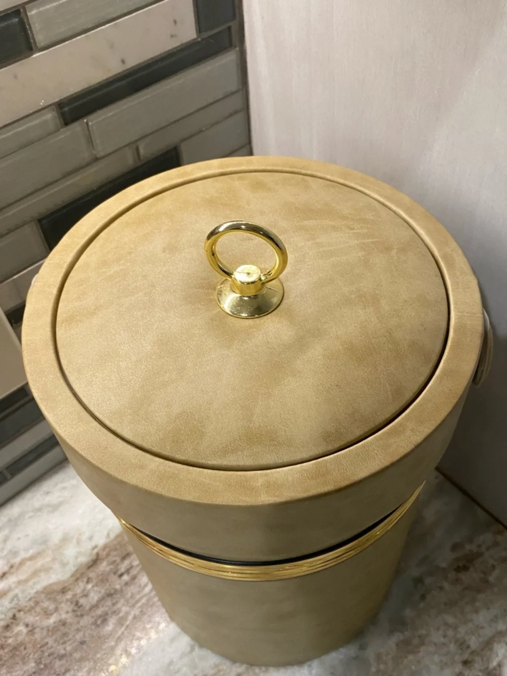 Vintage Shelton Ware MCM Faux Leather Ice Bucket Gold Trim